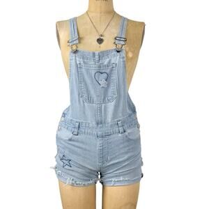 Vtg 90's Jordache Denim Short Overalls Hippie Y2K Light Wash Emboidered Sz XS